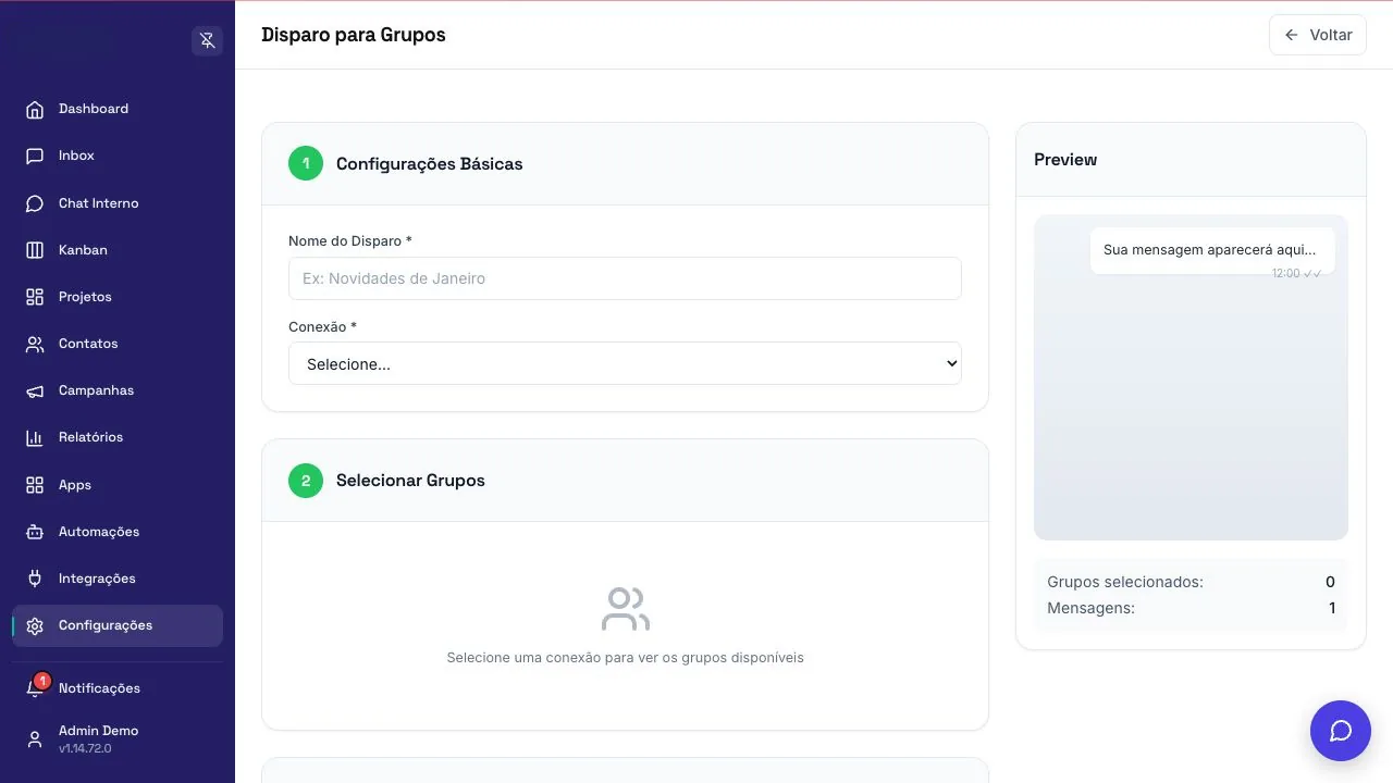Tela de disparo de mensagens para grupos de WhatsApp